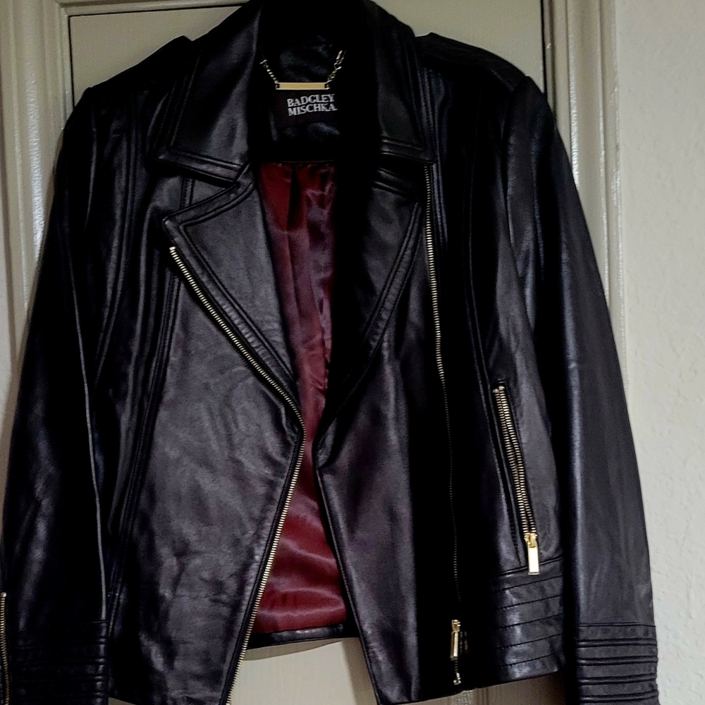 Badgley Mischka Black Leather Moto Jacket with Gold Accents